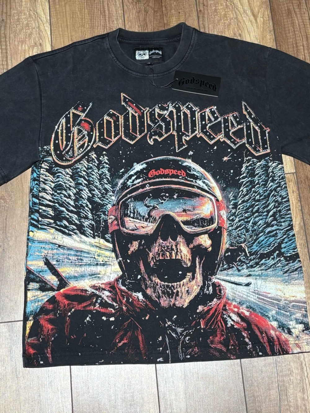 Godspeed Skull Skiing Black Graphic Tee Shirt Brand New Mens Small